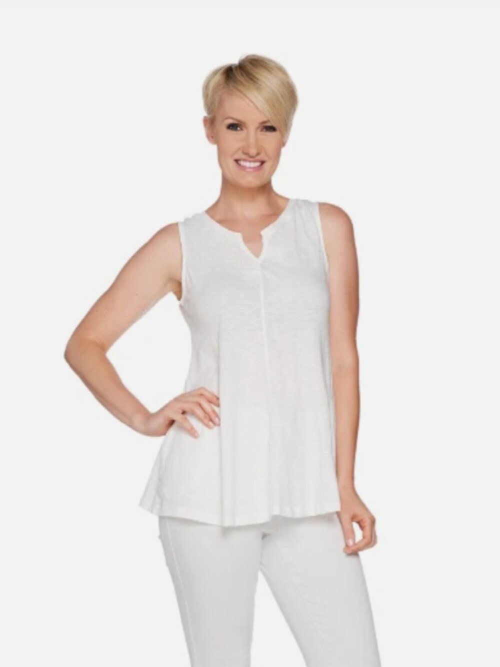 LOGO by Lori Goldstein Womens |S| White Cotton Slub Knit V-Neck Swing Tank